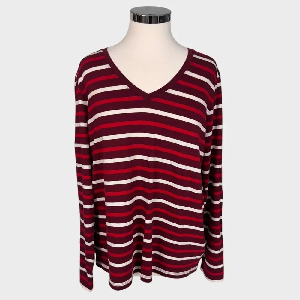 Lands' End Large 14-16 Relaxed Fit Supima Cotton Striped V Neck Long Sleeve T